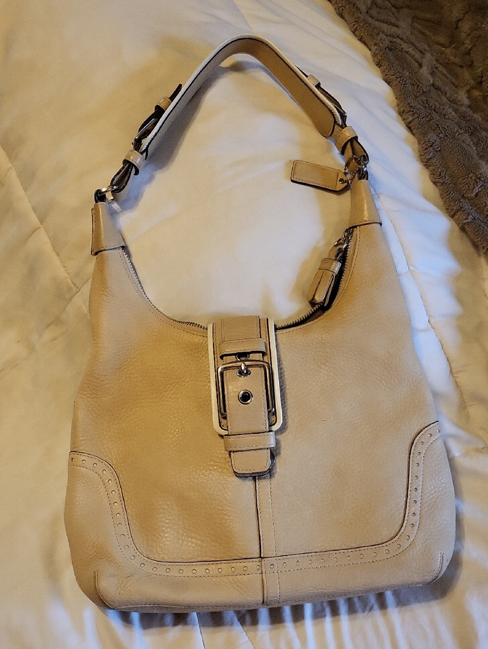 Coach Beige Leather Hobo Shoulder Bag with Buckle Detail